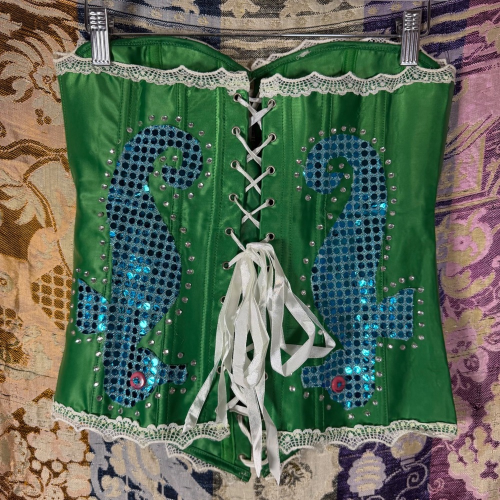 Green Blue Sequin Seahorse Lace Up Corset Whimsy Mermaid Festival Size L